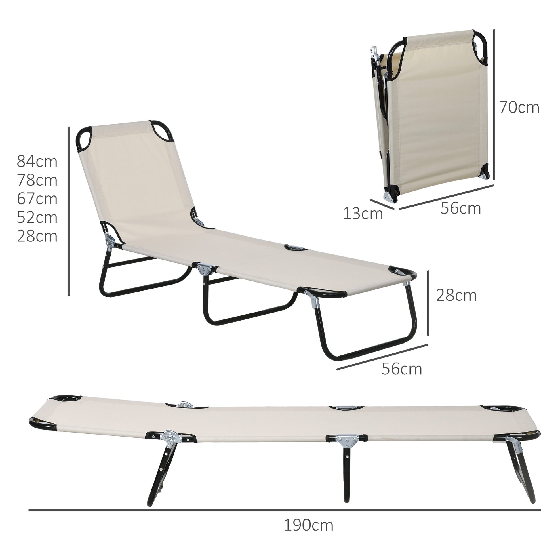 Outsunny Cream White Adjustable Outdoor Sun Lounger Set with Five Reclining Positions | Comfortable Folding Recliner - ALL4U RETAILER LTD