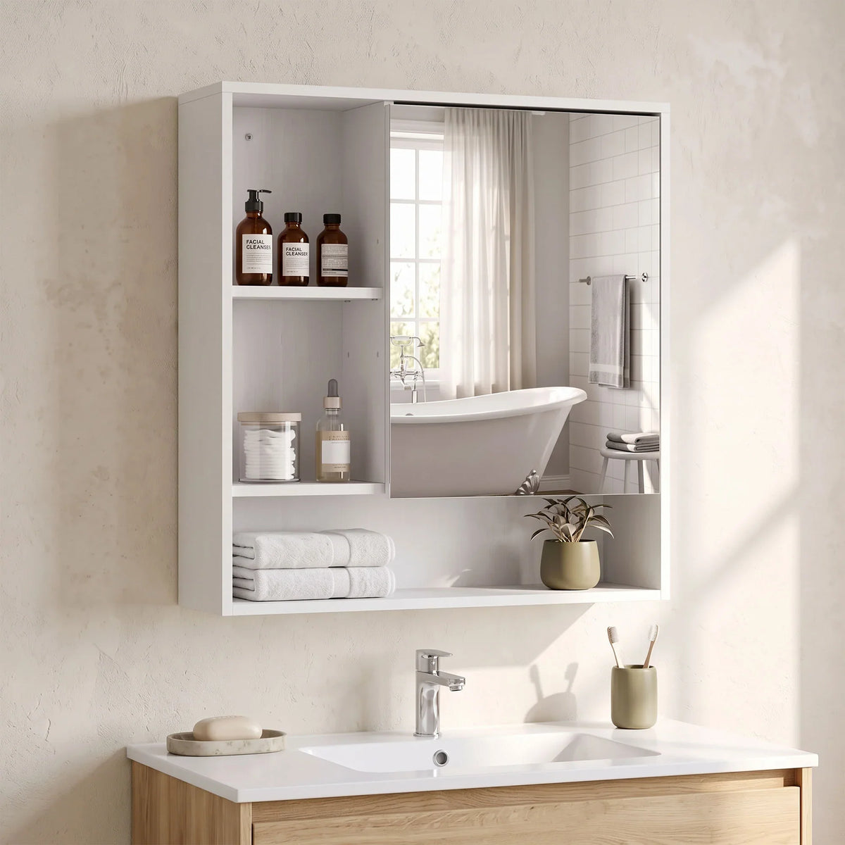 White wall-mounted bathroom mirror cabinet with adjustable open shelves and full mirror door