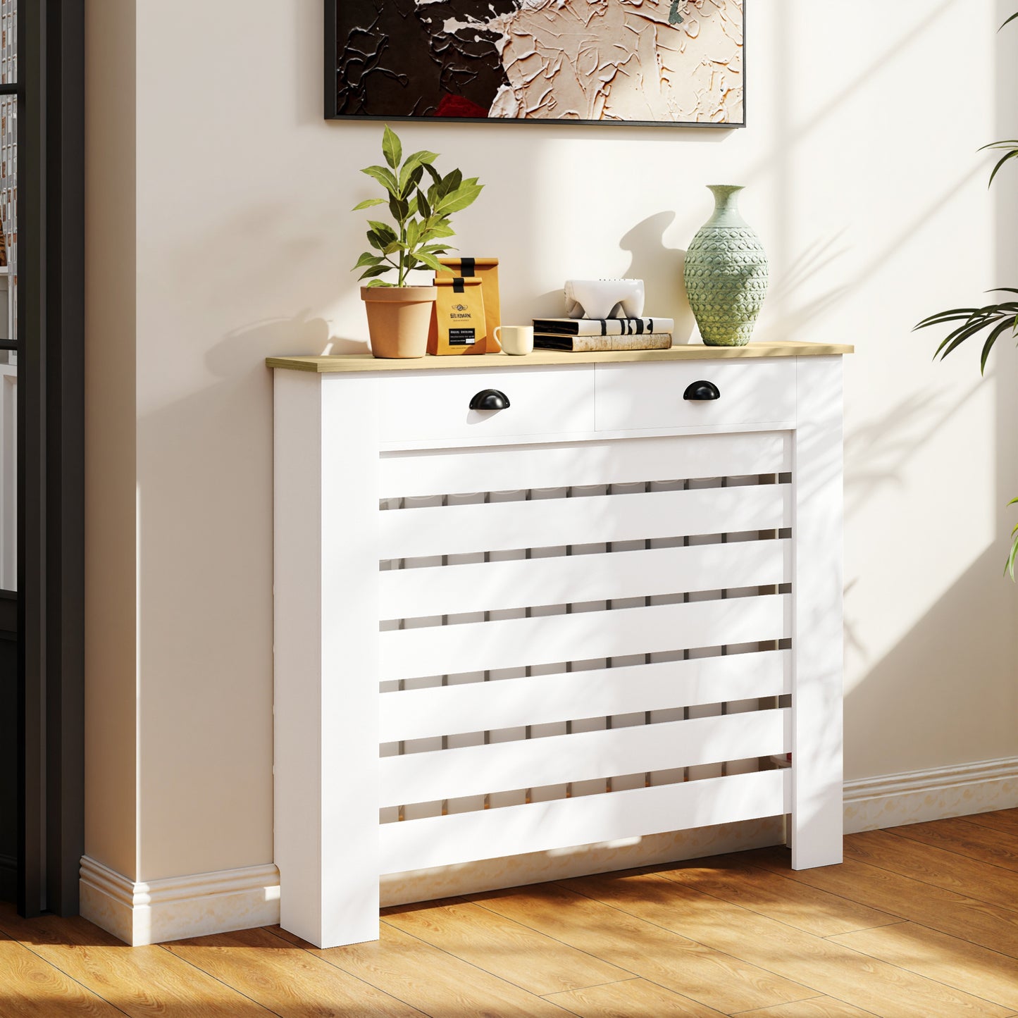 HOMCOM Slim Radiator Cover With Drawer White Slatted Design 95.5 H x 111 W cm MDF and Particle Board