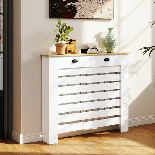 HOMCOM Slim Radiator Cover With Drawer White Slatted Design 95.5 H x 111 W cm MDF and Particle Board