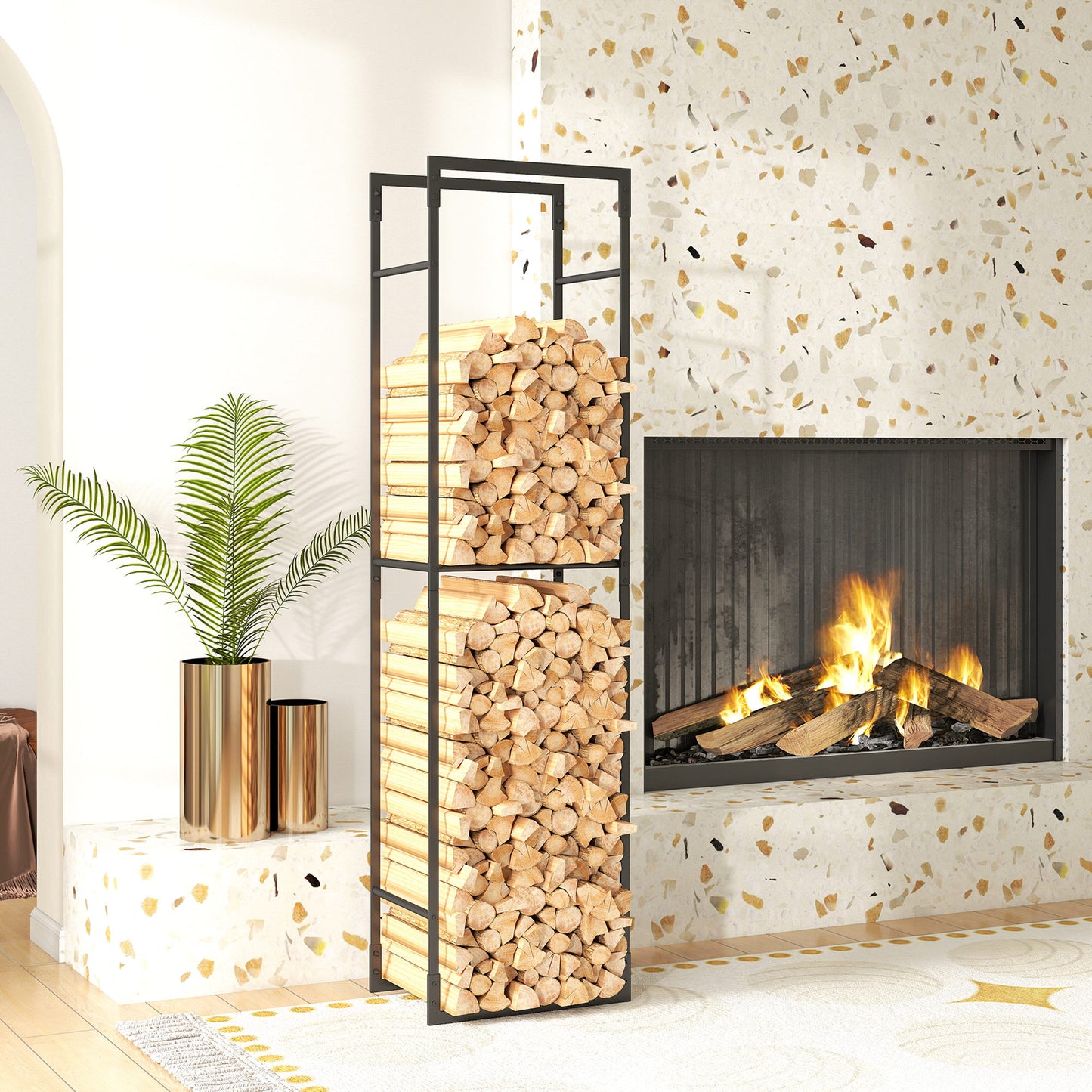 Outsunny Metal Firewood Log Holder With Adjustable Shelf Heavy Duty Log Rack For Indoor Outdoor Use Black