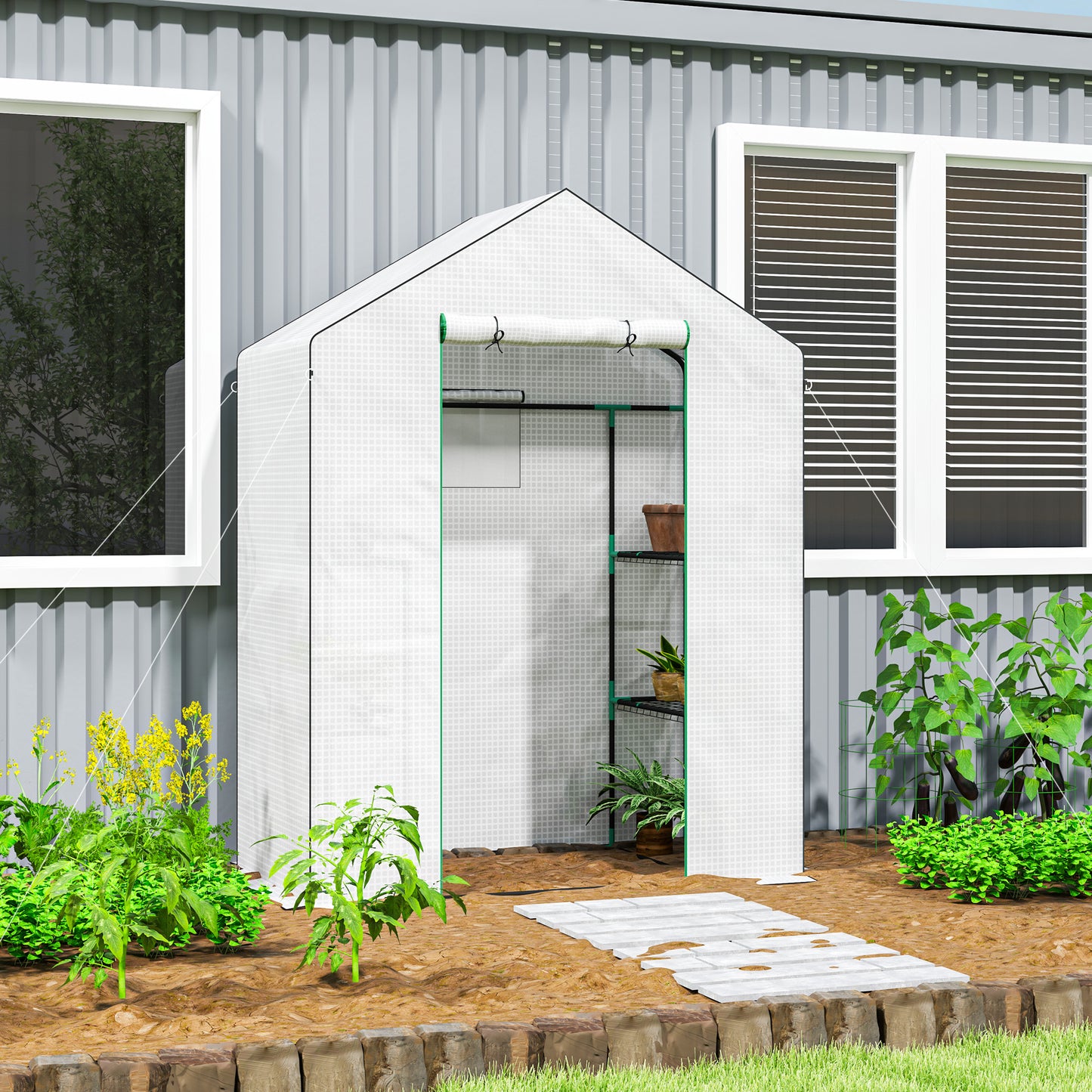Outsunny Walk In Greenhouse 143 x 74cm With Shelves White UV Resistant Cover Roll Up Door