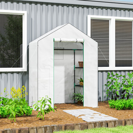 Outsunny Walk In Greenhouse 143 x 74cm With Shelves White UV Resistant Cover Roll Up Door