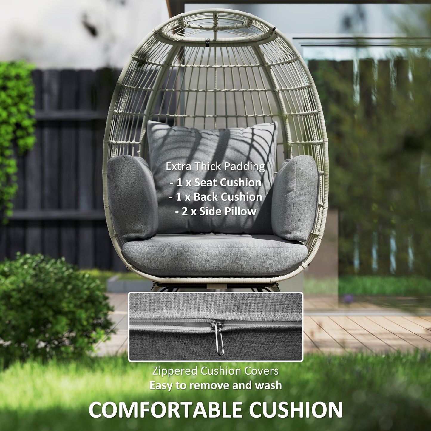 Outsunny Rattan Egg Chair With Cushions And Pillows Charcoal Grey Standing Indoor Outdoor Use