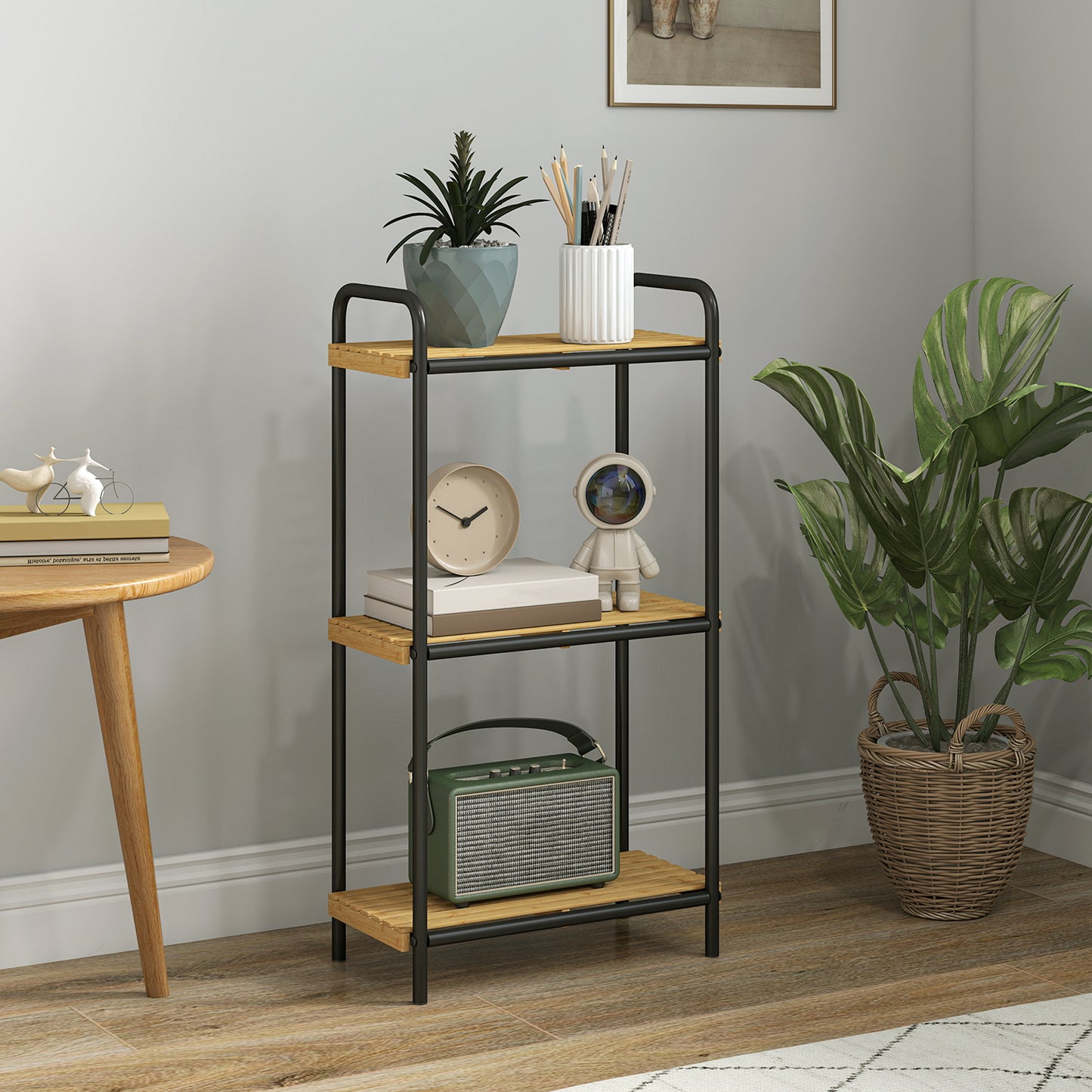 HOMCOM 3 Tier Bamboo Bathroom Storage Shelf Freestanding Narrow Shelving Unit With Slatted Shelves Natural Black