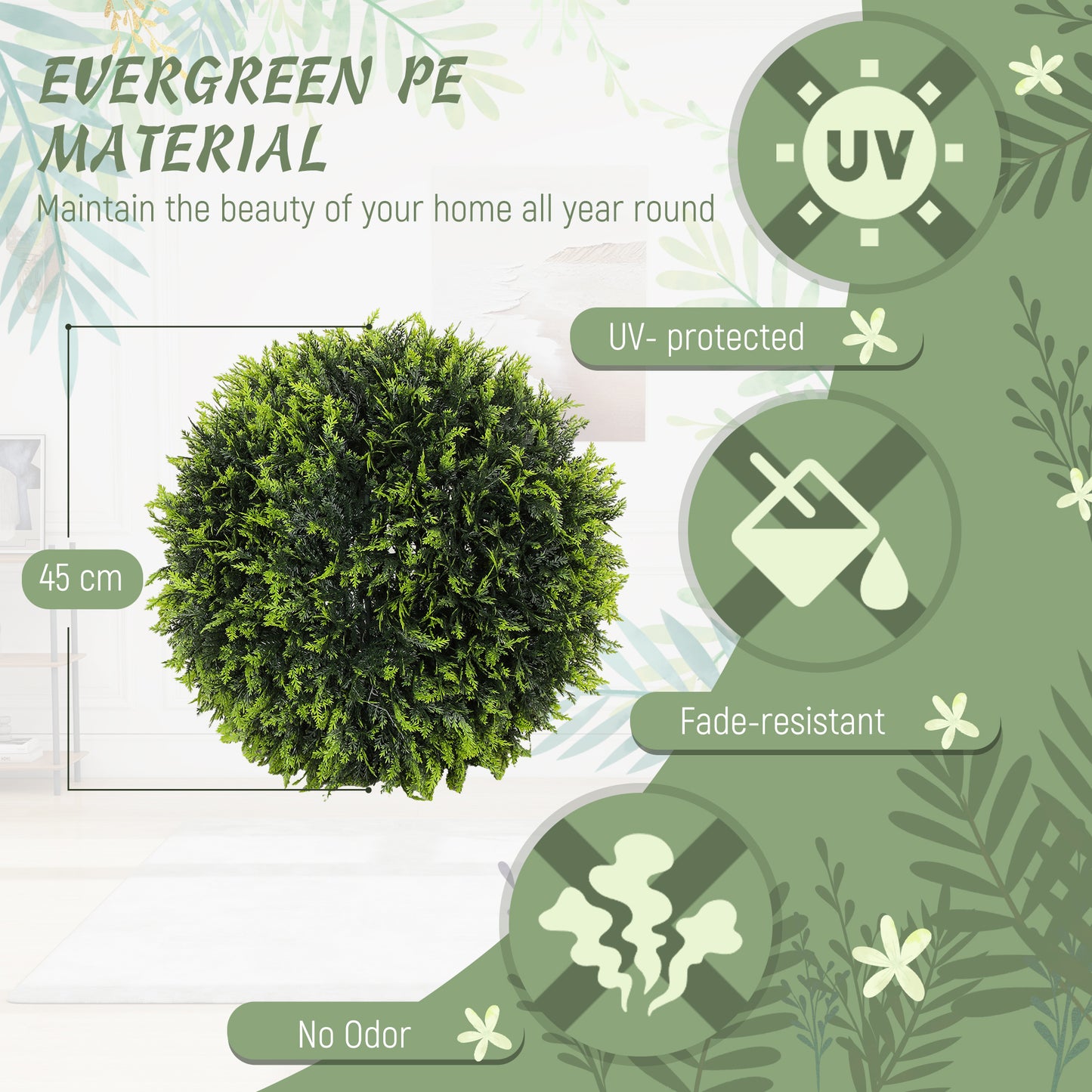 HOMCOM Set of 2 UV Protected Artificial Plant Topiary Balls 45cm Green for Indoor and Outdoor Decor
