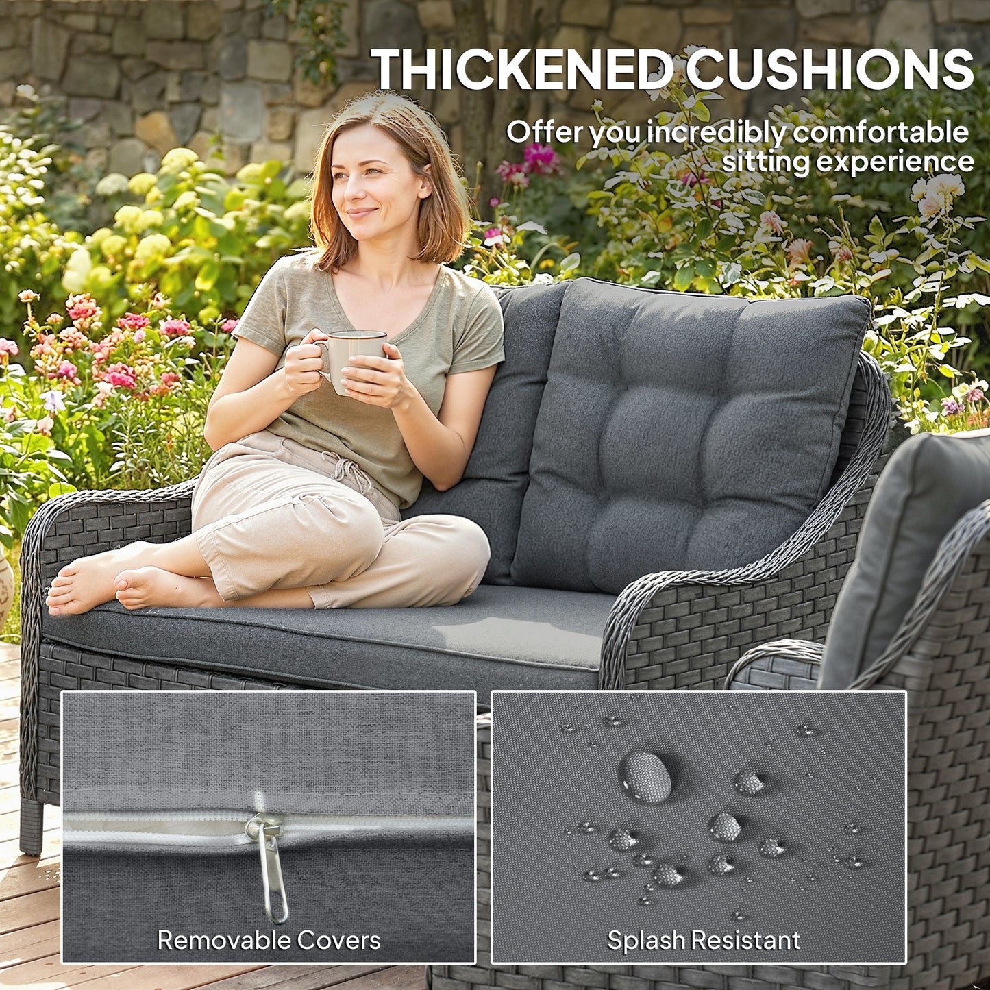 Outsunny Four Piece Wicker Patio Furniture Set With Two Armchairs Loveseat And Glass Coffee Table In Dark Grey