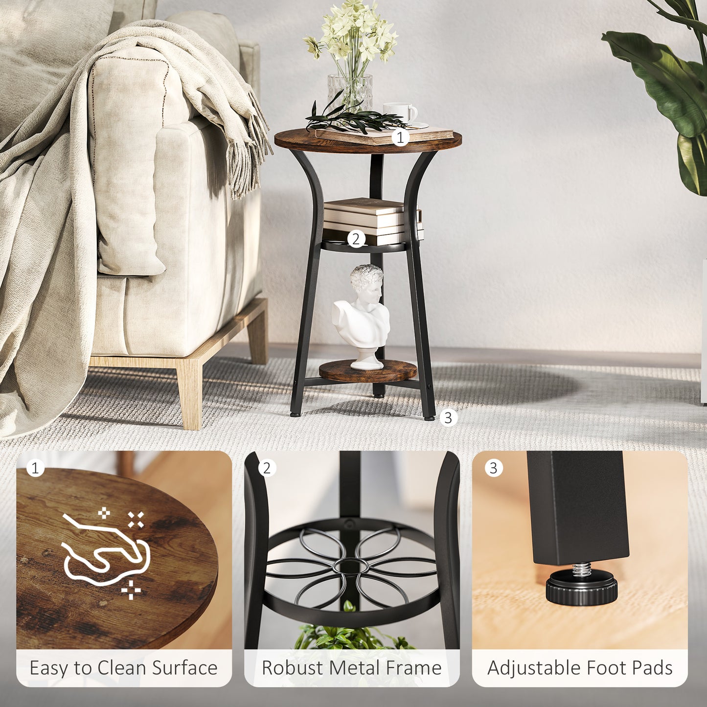 HOMCOM Small Round Side Table With Three Storage Shelves Rustic Brown And Black Metal Frame End Table