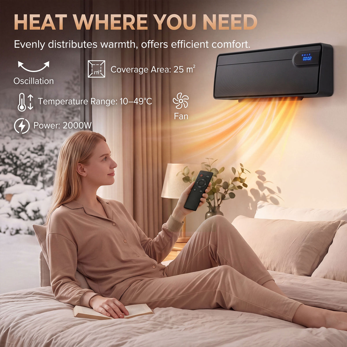 Wall-mounted ceramic heater with black frame mounted above bed, shown with remote