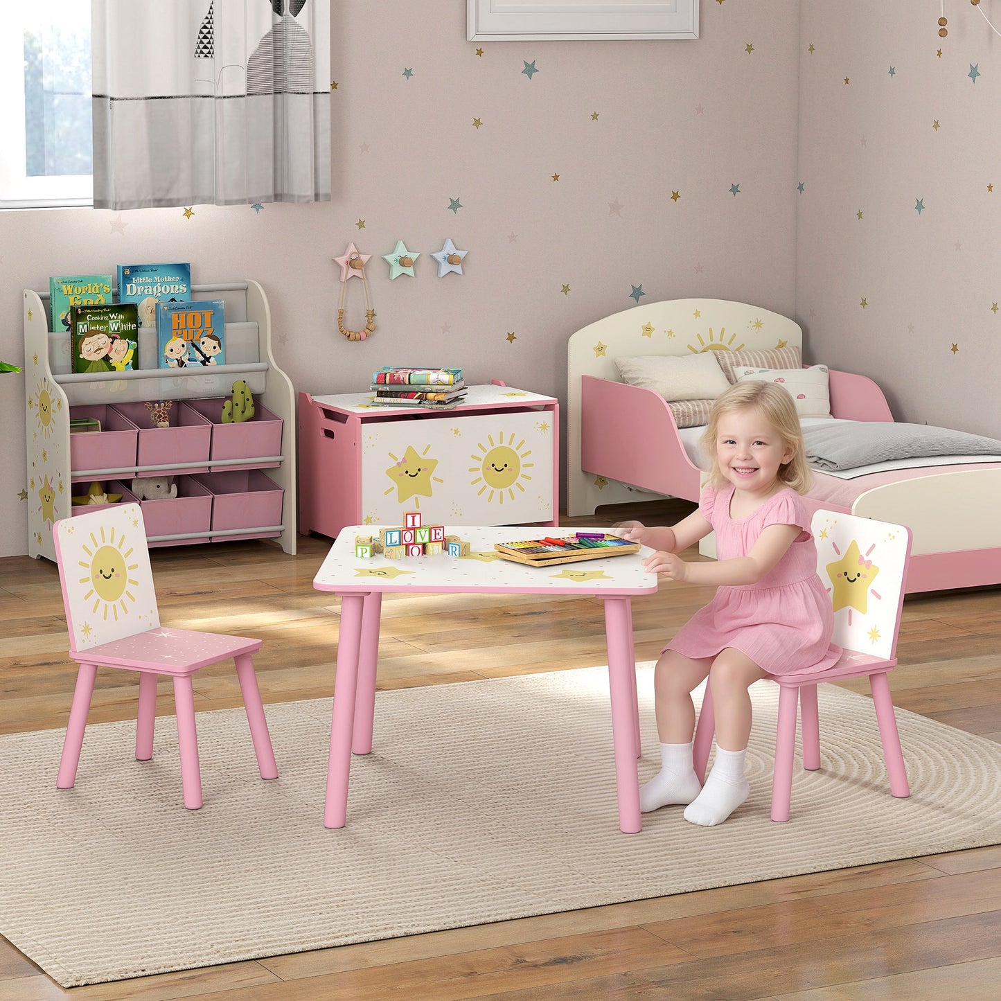 AIYAPLAY 3 Piece Toddler Table and Chair Set Pink With Star Pattern for Bedroom Nursery Playroom Table and 2 Chairs