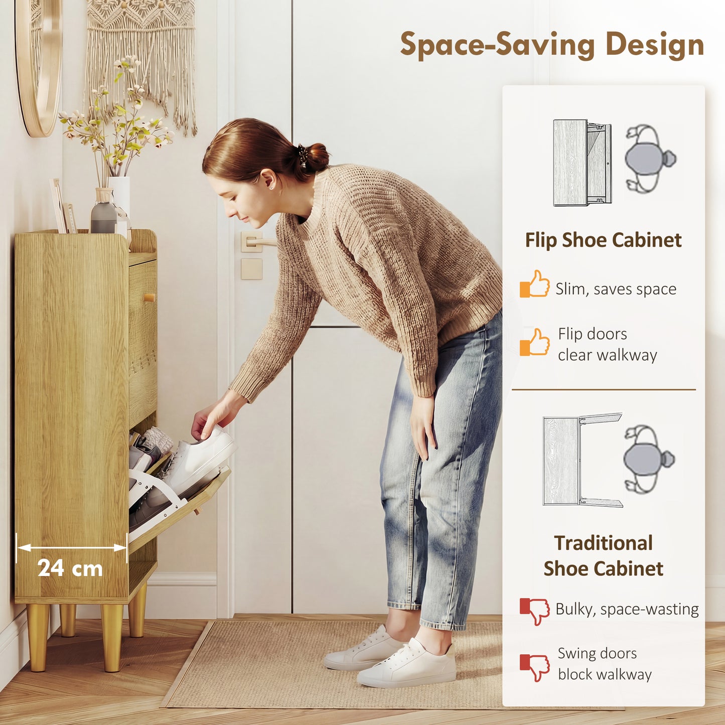 HOMCOM Narrow Shoe Cabinet Oak Finish With 2 Flip Drawers Slim 24cm Depth Holds 8 To 12 Pairs