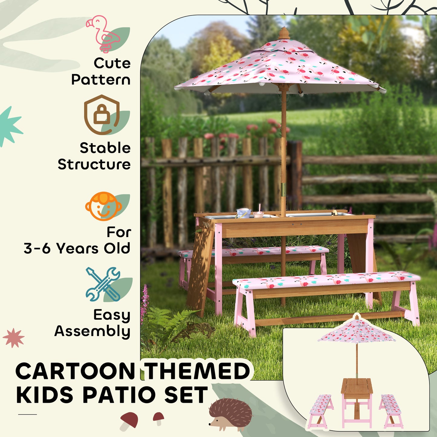 AIYAPLAY Kids Picnic Table Set With Removable Foldable Umbrella Cushions Storage Boxes Flamingo Theme Pink