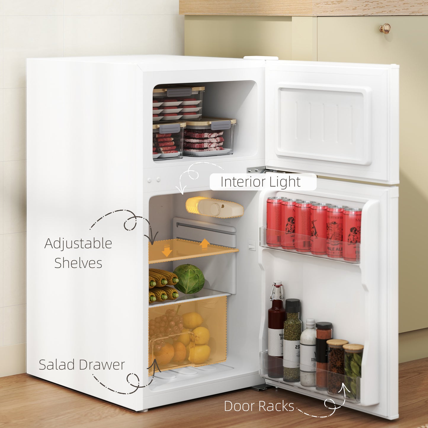 HOMCOM 88L Under Counter Fridge Freezer White With 5 Setting Temperature Control And 3 Star Freezer