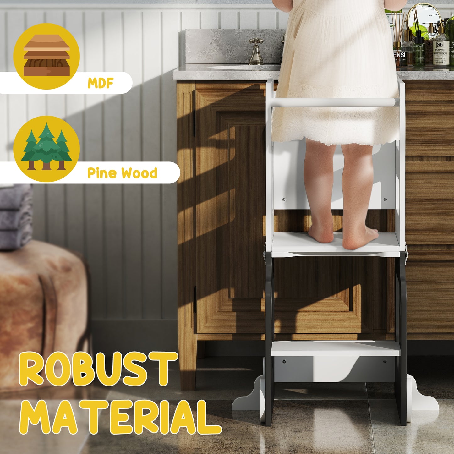 AIYAPLAY Toddler 4 In 1 Standing Tower Foldable Step Stool With Safety Rail For Kitchen And Bathroom Grey