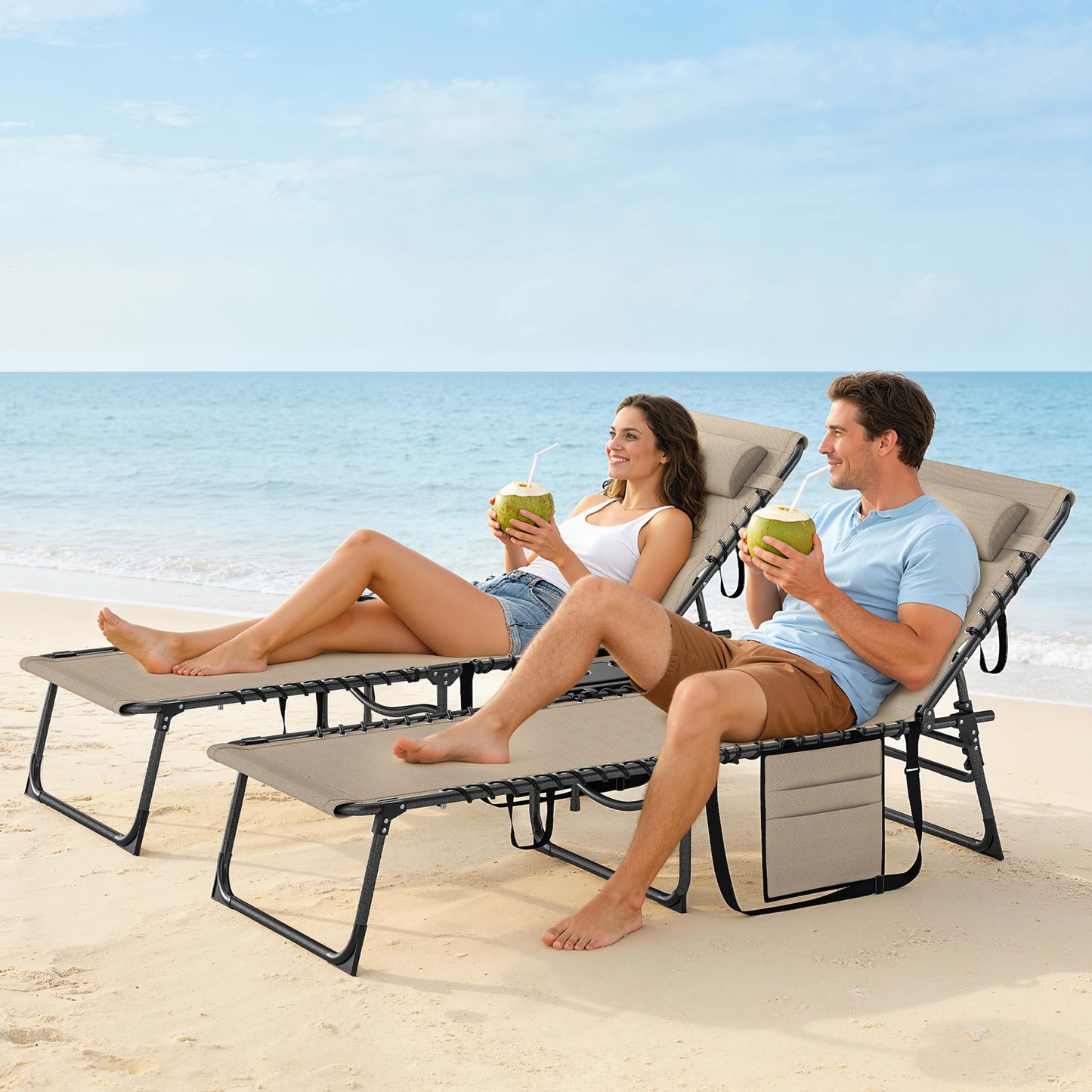 Outsunny Five Position Reclining Sun Loungers Set of 2 Beige Outdoor Lounge Chairs