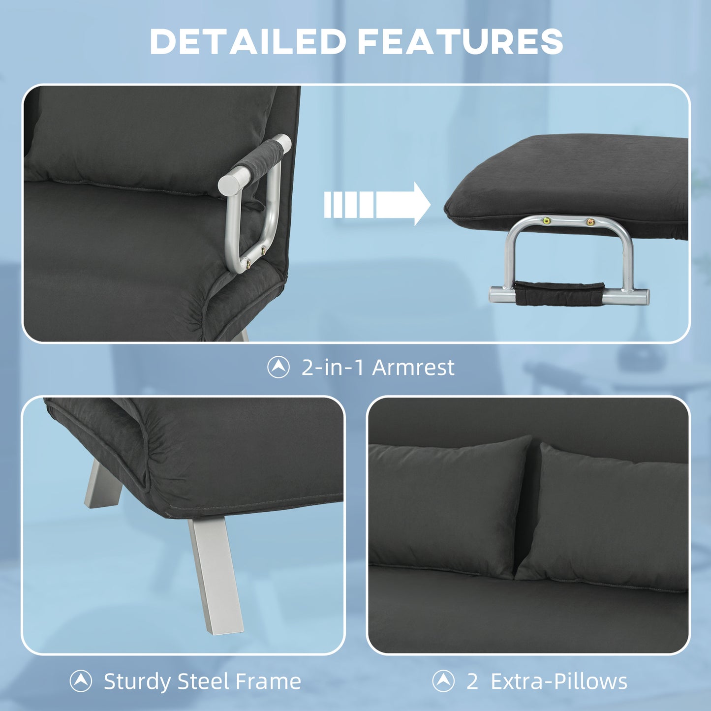 HOMCOM Two Seater Click Clack Sofa Bed Charcoal Grey Faux Suede Upholstery With Five Position Adjustable Back