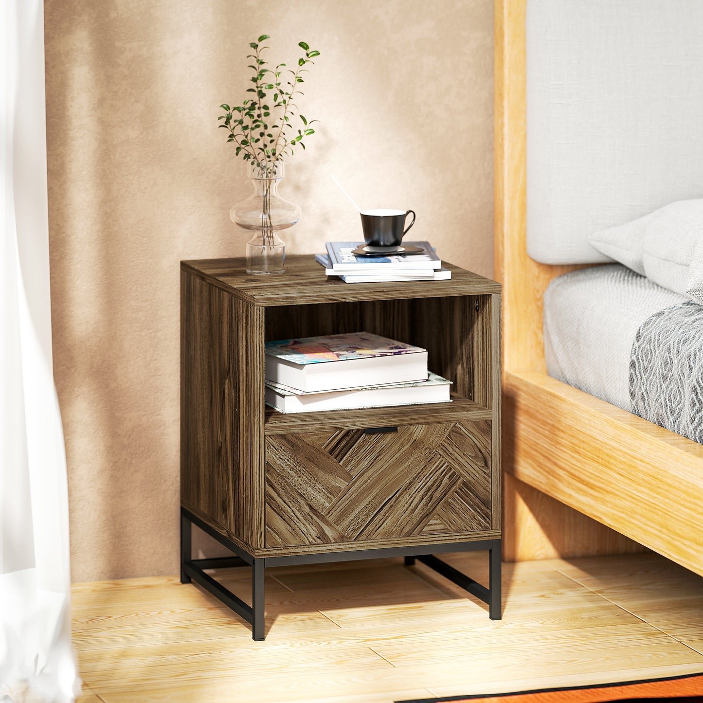 HOMCOM Bedside Table With Drawer And Open Shelf, Steel Leg End Table For Bedroom And Living Room, Brown Wood Effect