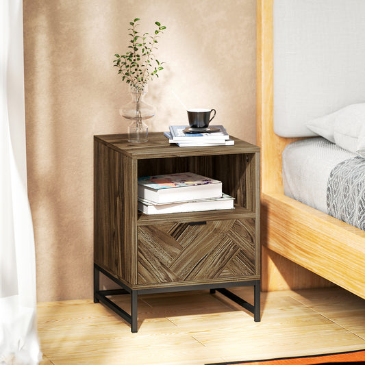 HOMCOM Bedside Table With Drawer And Open Shelf, Steel Leg End Table For Bedroom And Living Room, Brown Wood Effect