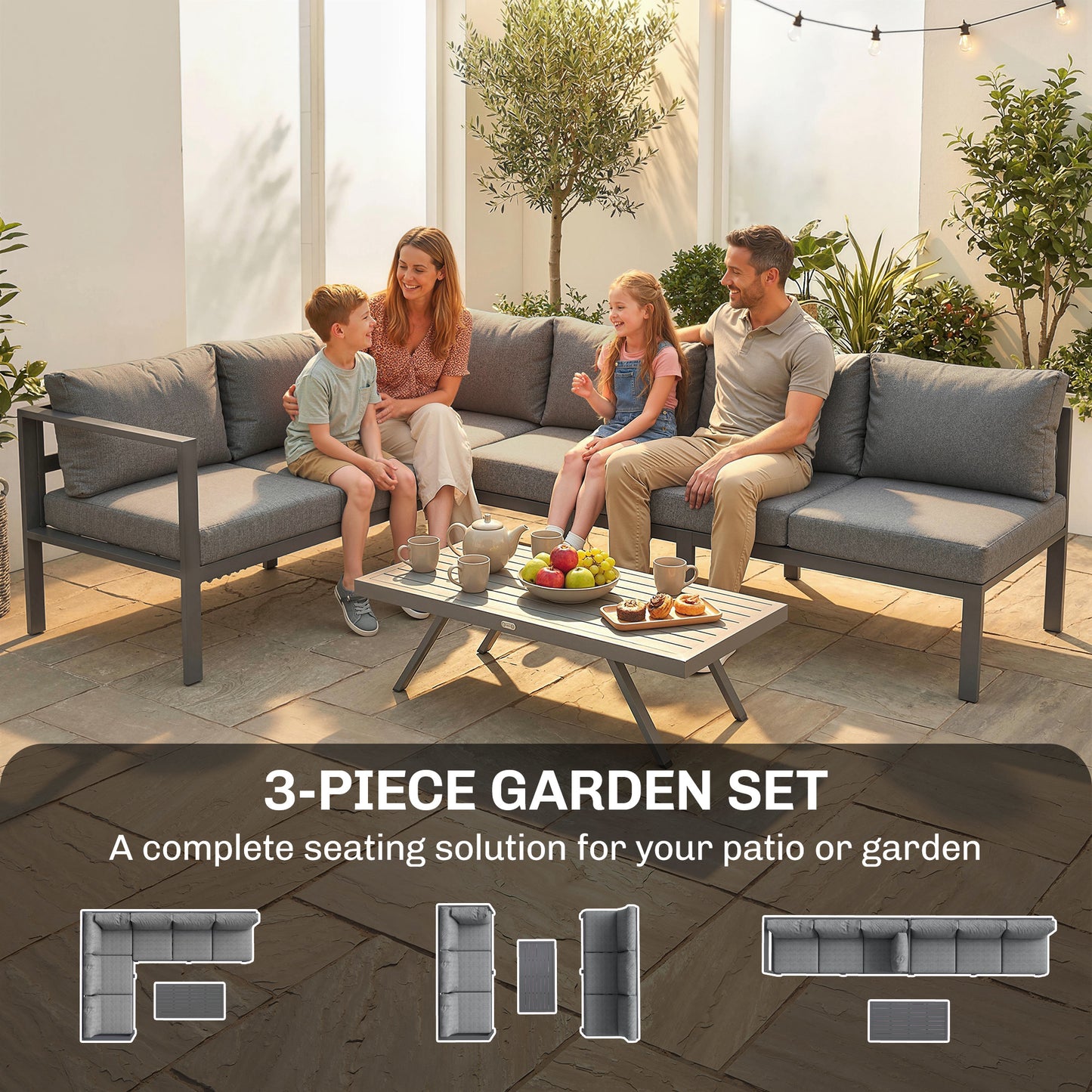 Outsunny 3 Piece Aluminium Garden Furniture Set With Adjustable Backrest Corner Lounge And Coffee Table