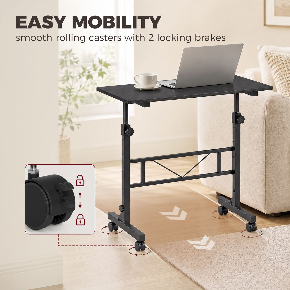 Overbed table with smooth-rolling casters and two locking brakes, black tabletop