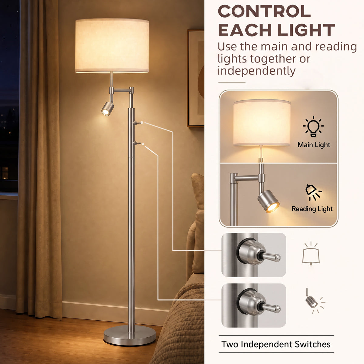 Homcom Modern Floor Lamp With Reading Light And Satin Nickel Finish