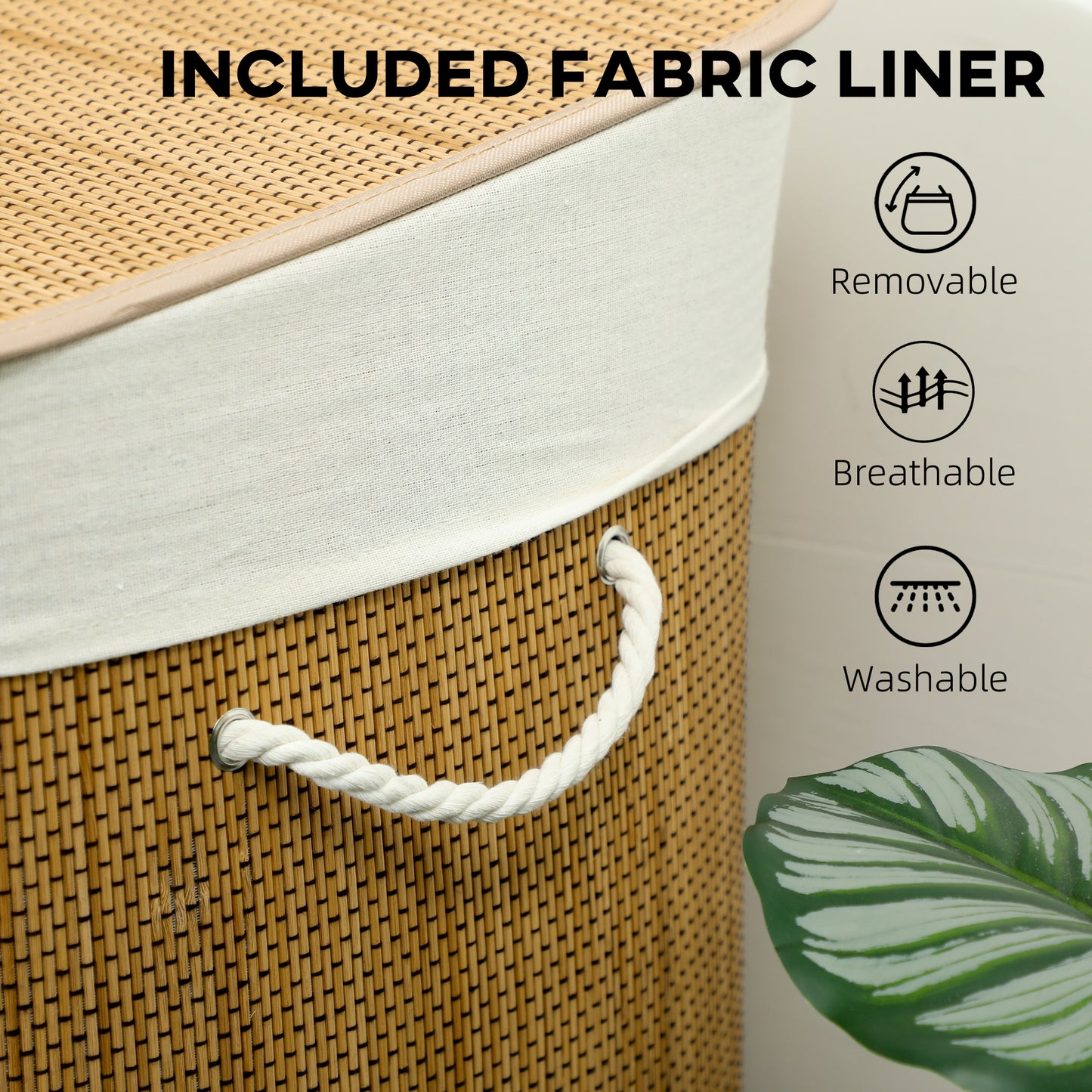 HOMCOM 3 Section Laundry Basket with Lid 144L Brown Bamboo Hamper with Handles Removable Washable Liner