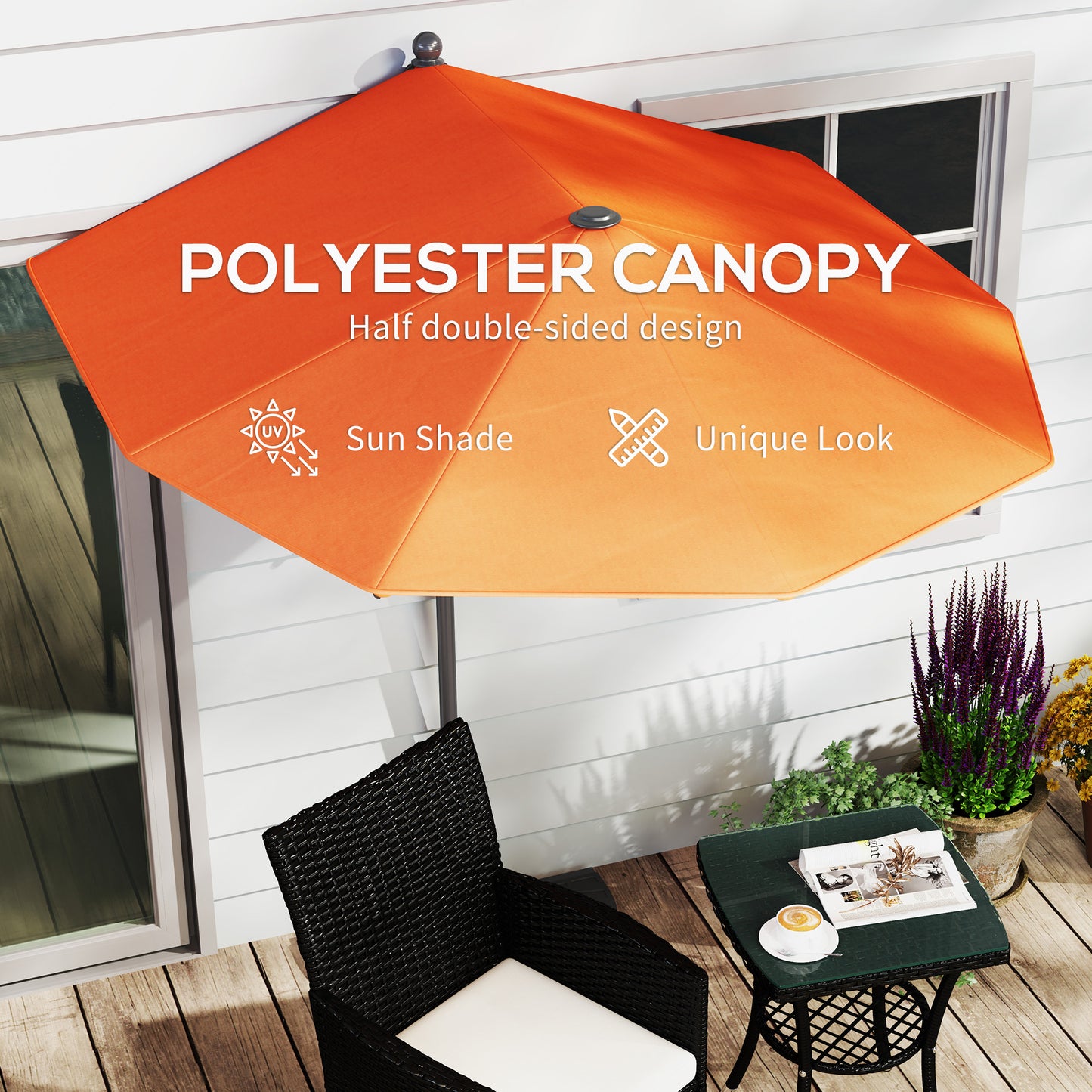 Outsunny 2m Half Parasol Umbrella Orange Extra Long Canopy For Wall Or Window Shade Outdoor Garden Sun Shelter