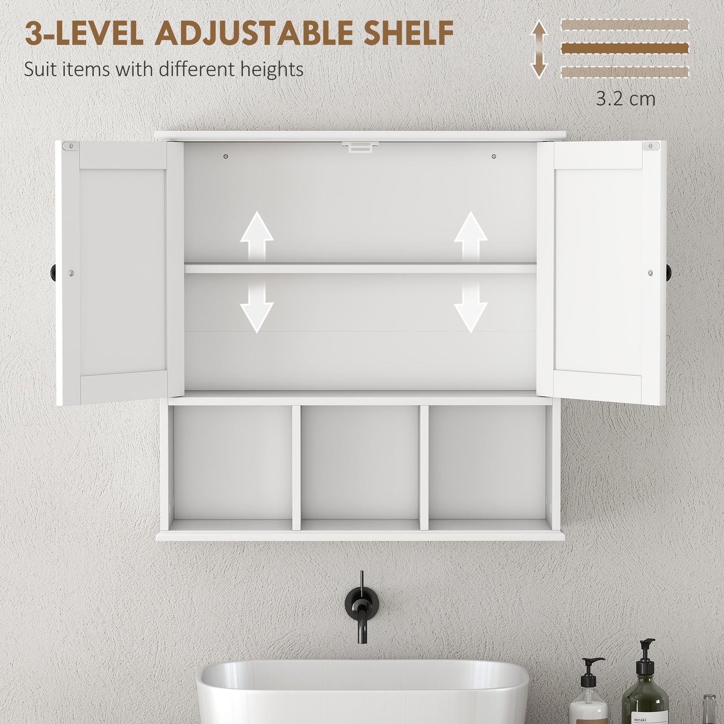 HOMCOM Farmhouse Wall Mounted Bathroom Cabinet With Adjustable Shelf Double Doors Open Compartments White