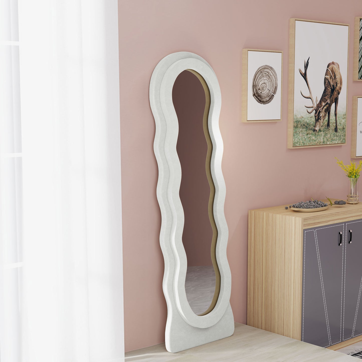 HOMCOM Wavy Velvet Feel Full Length Mirror White Standing Mirror For Modern Bedroom