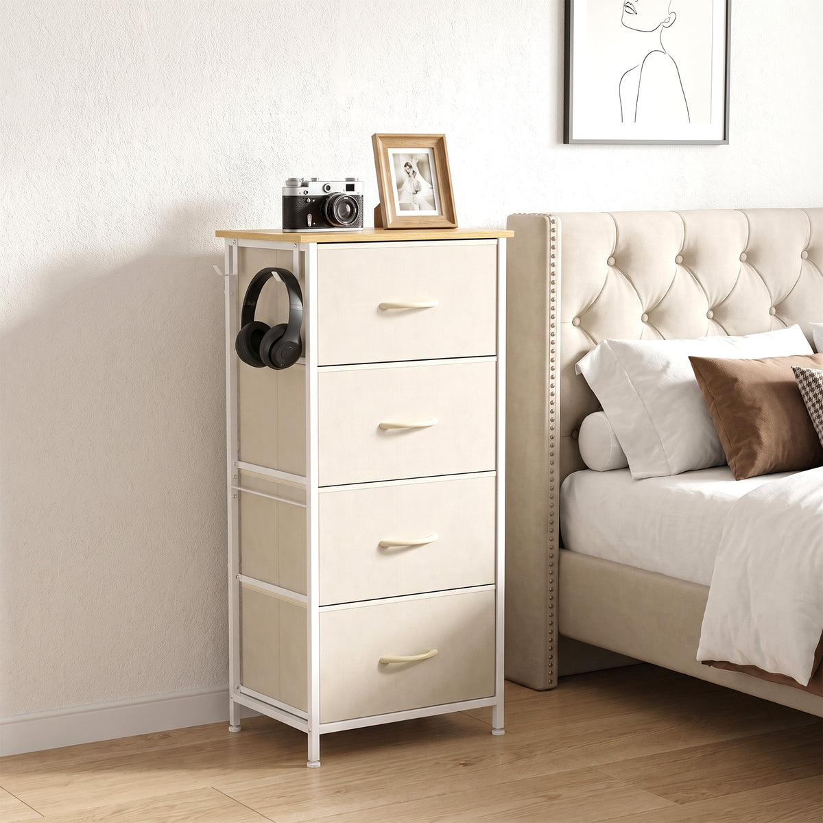 Homcom 4 Drawers Fabric Chest Of Drawers With Steel Frame And Hooks Beige