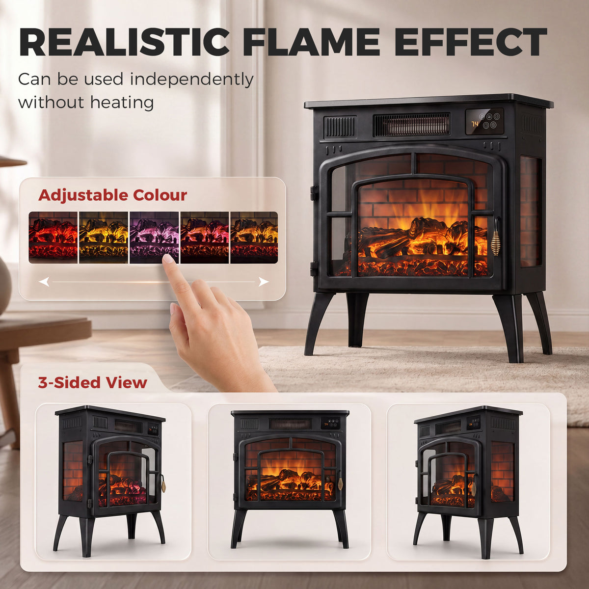 Black electric fireplace stove with three-sided glass and realistic flame effect