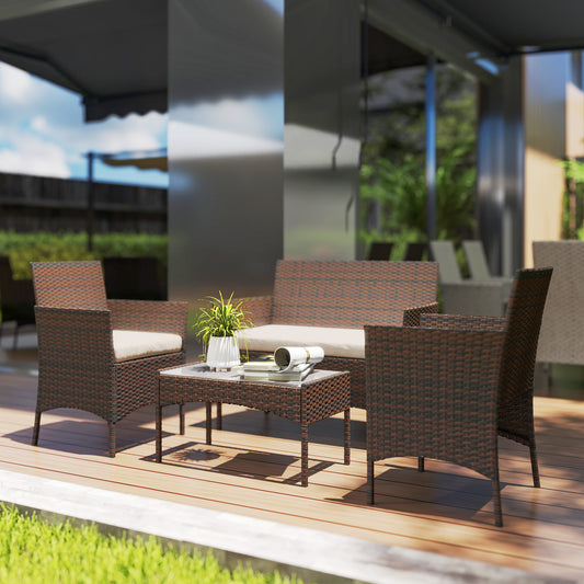 Outsunny 4 Piece Rattan Garden Furniture Set With Loveseat, Armchairs, Glass Top Coffee Table And Cushions, Brown