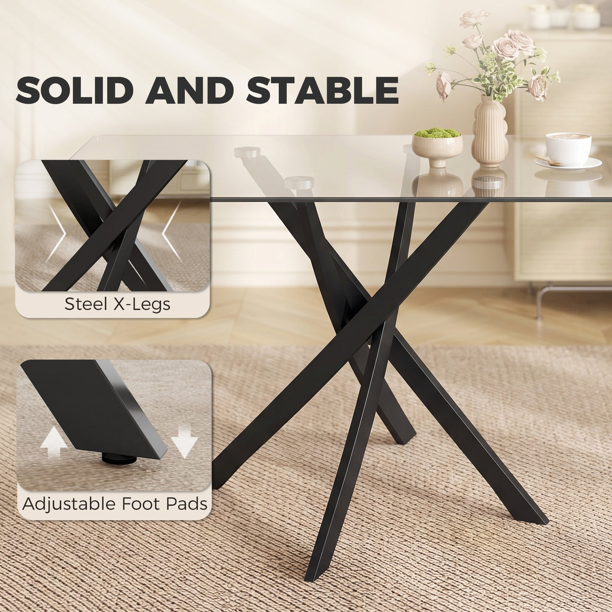 Tempered glass dining table with black steel X legs and adjustable foot pads