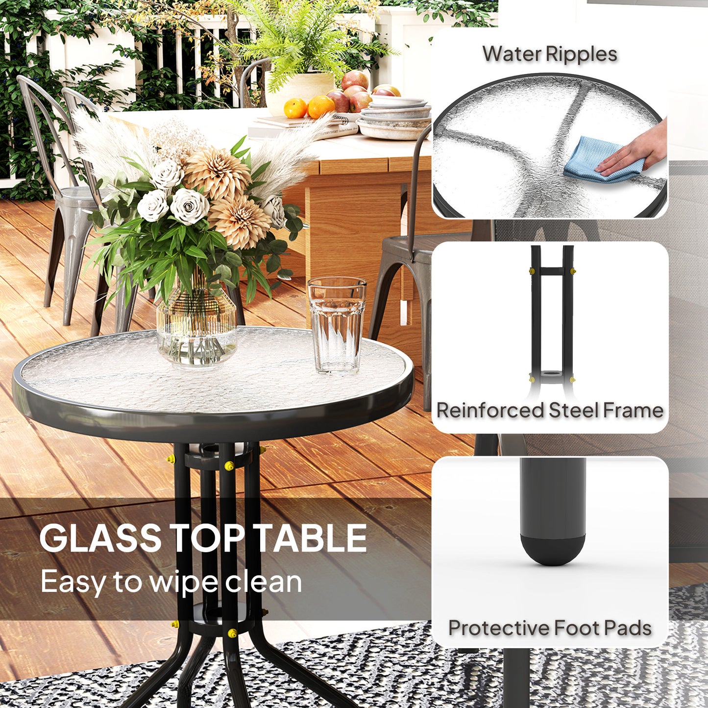 Outsunny Outdoor Garden Set With Round Table And Stackable Chairs In Black Powder Coated Steel