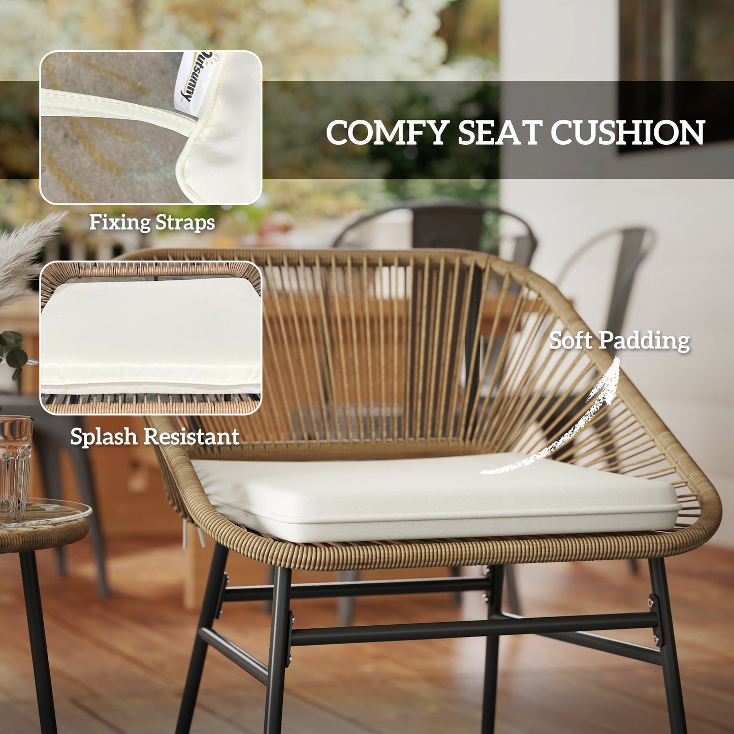 Outsunny 3 Piece Rattan Wicker Bistro Set With Cushions And Glass Top Table For Outdoor Patio Balcony