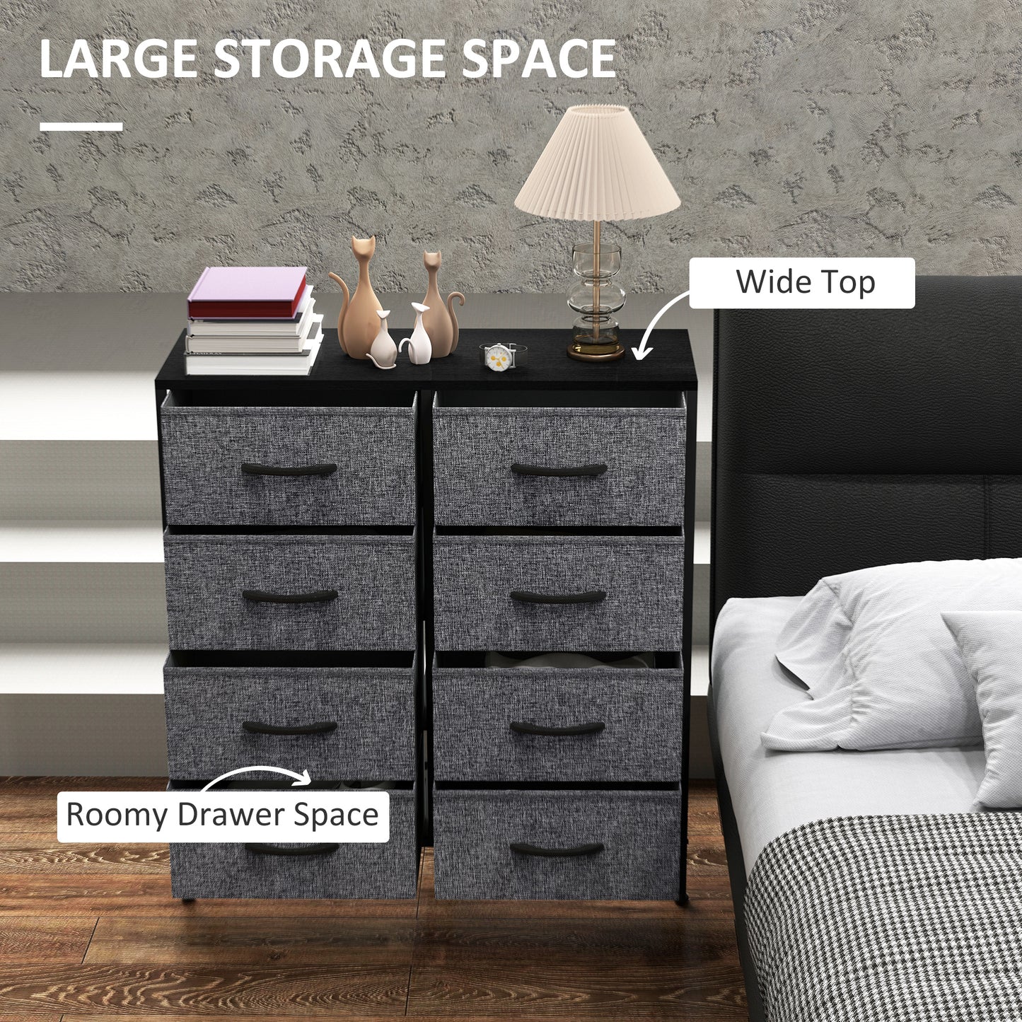 HOMCOM Fabric Chest Of Drawers With 8 Fabric Drawers Steel Frame Wooden Top For Nursery Living Room Hallway Black
