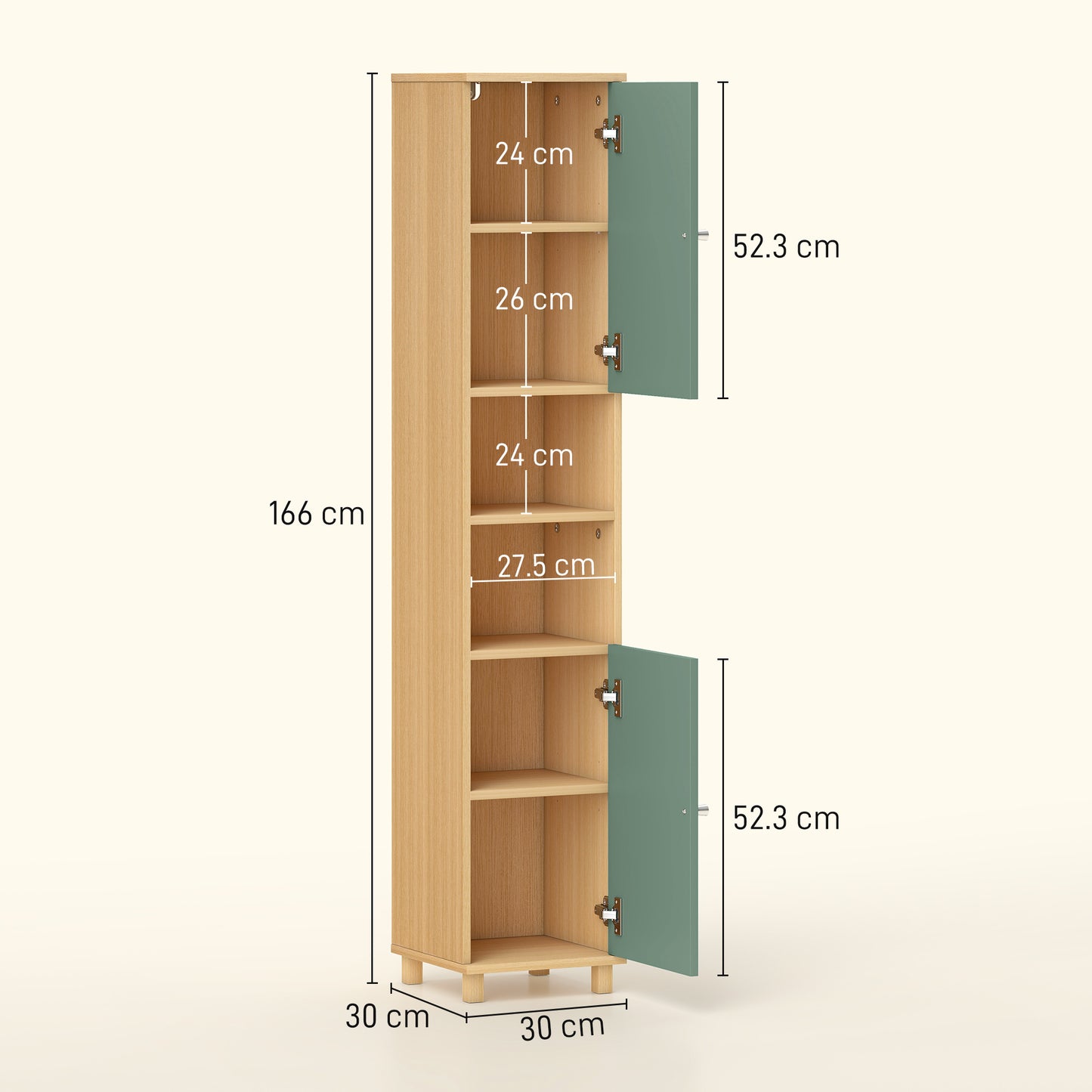 HOMCOM Tall Bathroom Cabinet With Adjustable Shelves And Open Shelves In Green Color