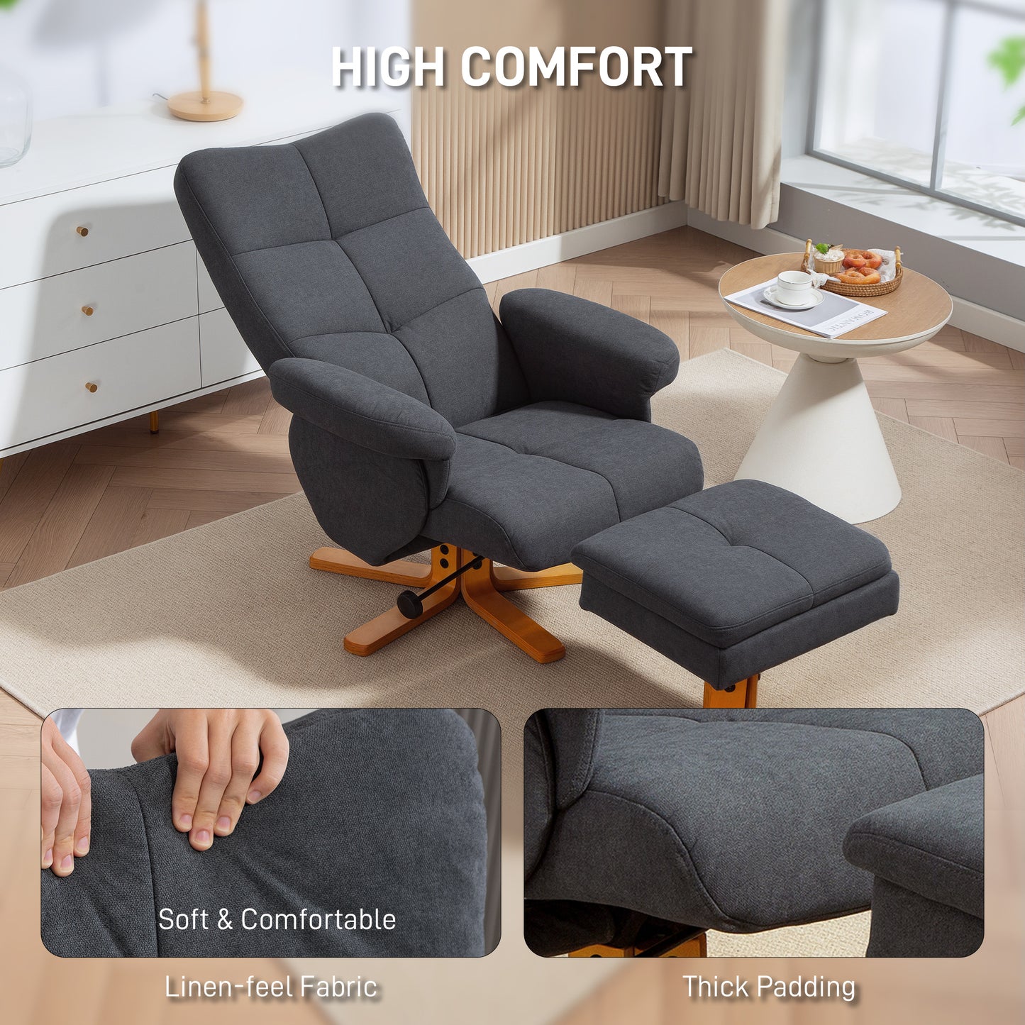HOMCOM Linen Look Recliner With Hidden Storage Ottoman In Grey 145 Degree Recline And Wooden Base