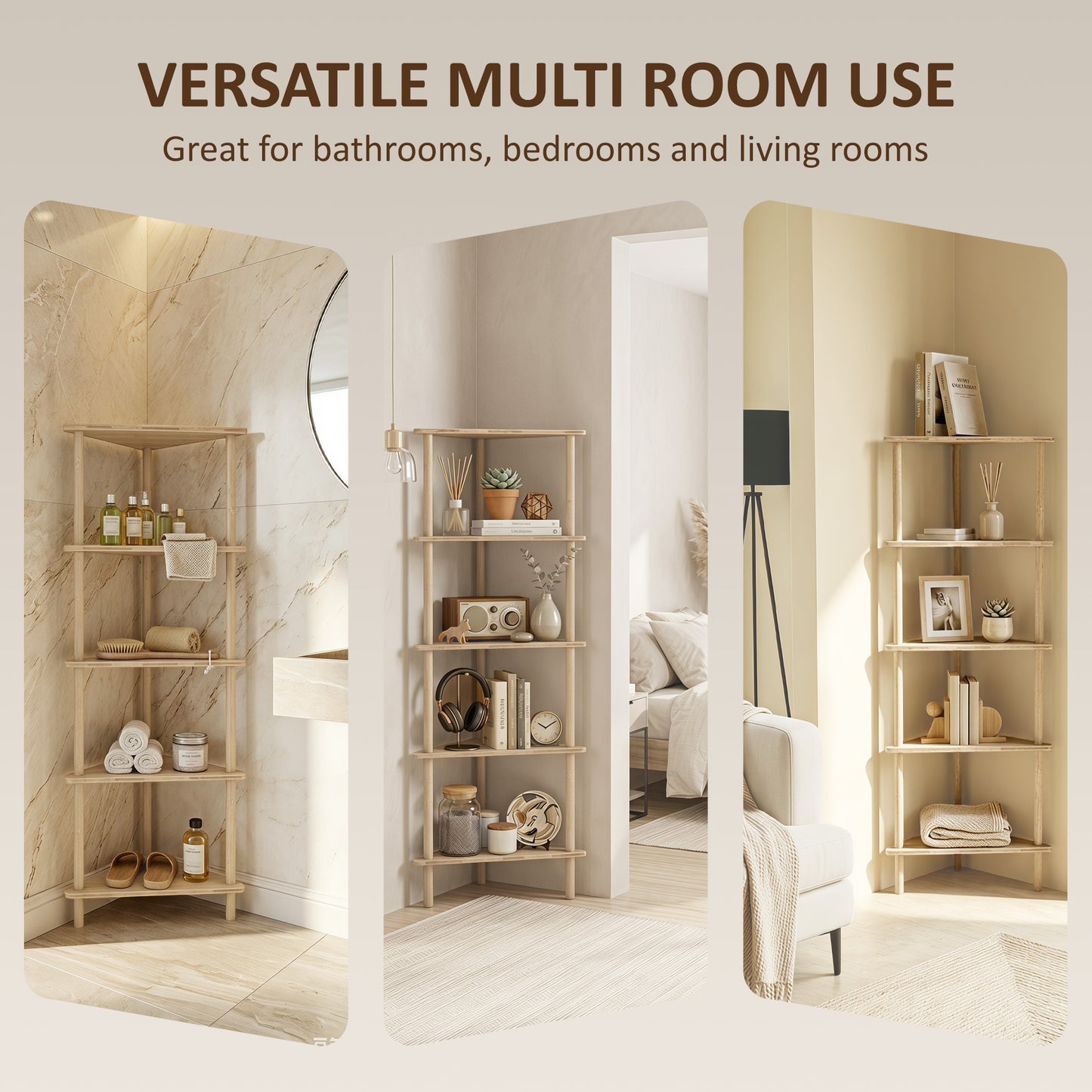 HOMCOM Bamboo Storage Shelf Five Tier Corner Shelf Freestanding Shelving Unit Living Room Natural Wood Finish