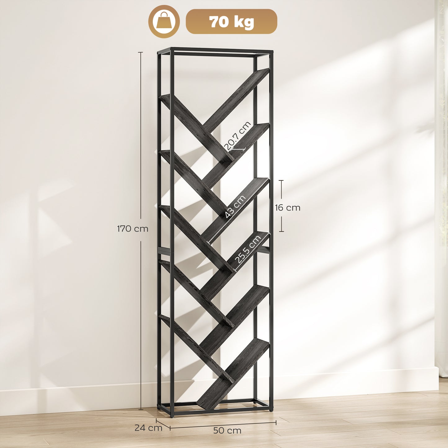 HOMCOM 10 Shelf Industrial Style Tree Bookshelf Tall 170 Centimeters With Branches Design And Metal Frame Black Grey