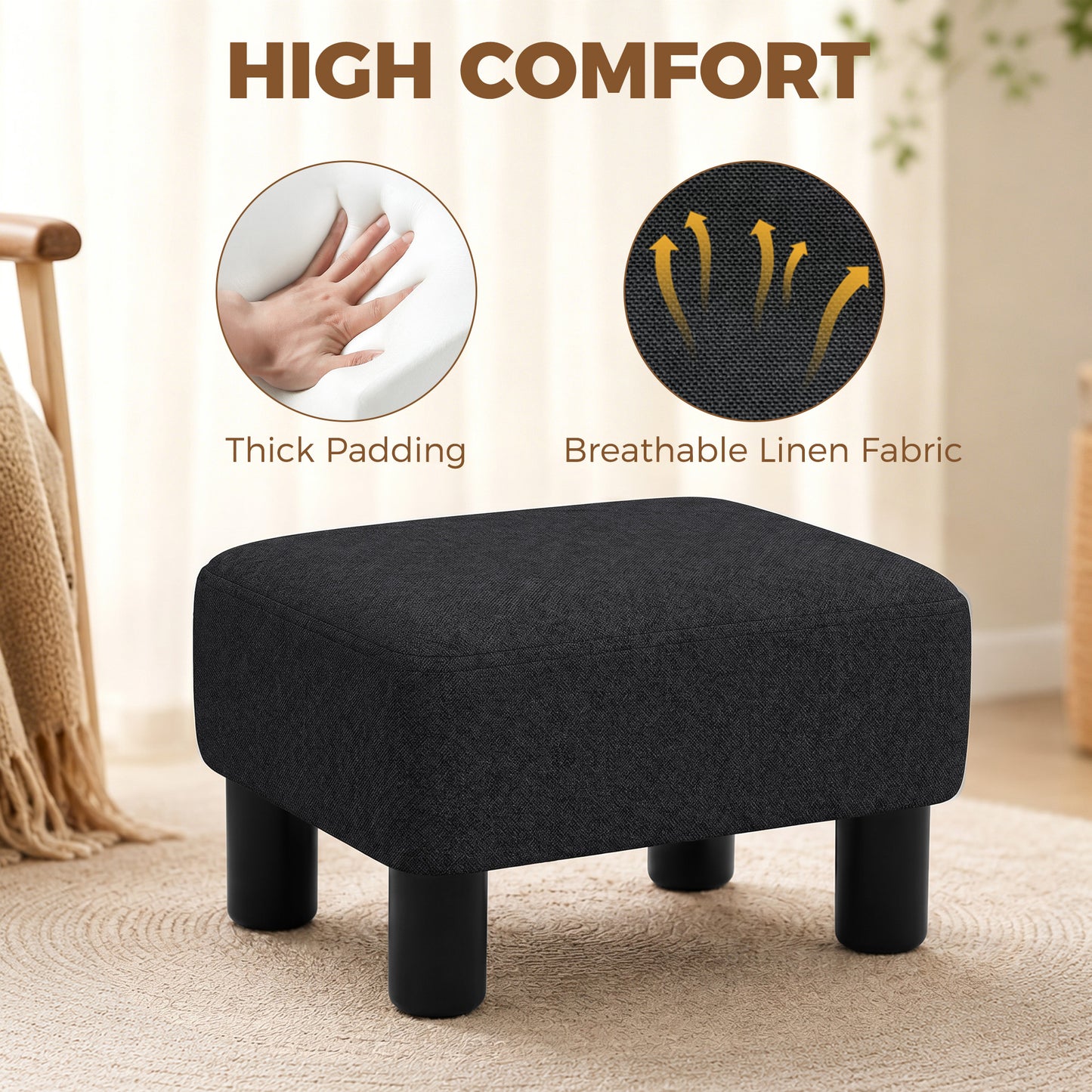 HOMCOM Linen Fabric Footstool Ottoman Cube With Four Plastic Legs Black Padded Seat