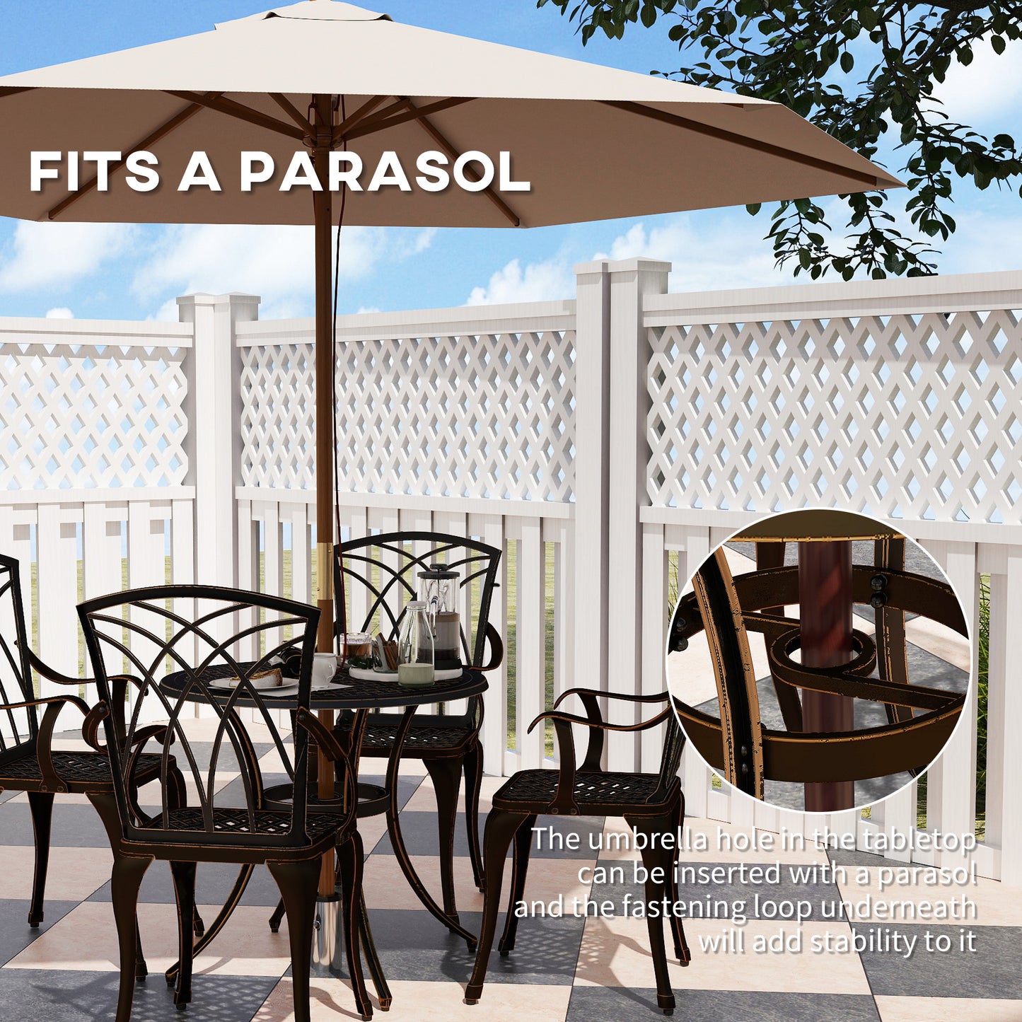 Outsunny 5 Piece Garden Dining Set For 4 Cast Aluminium Outdoor Round Table And Armchairs With Parasol Hole Bronze Tone