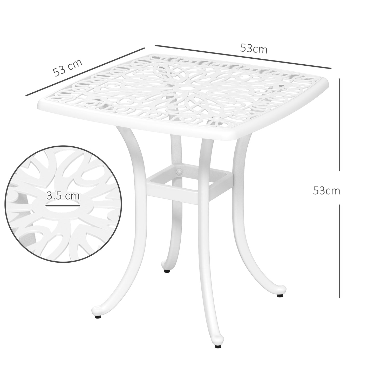 Outsunny Cast Aluminium Bistro Table With Floral Cutout Top And Umbrella Hole Outdoor Square Garden Side Table White
