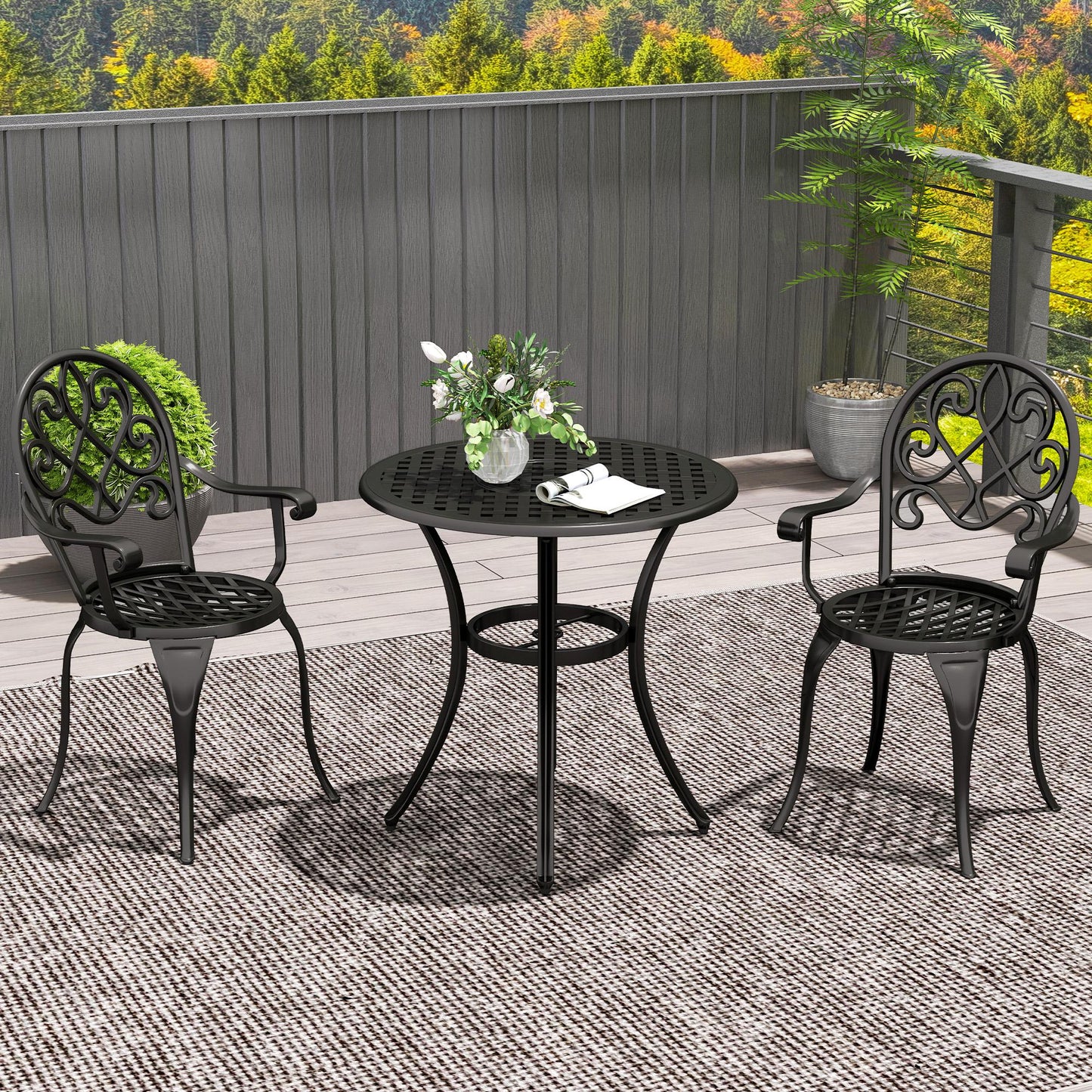 Outsunny Three Piece Aluminium Outdoor Garden Bistro Set With Round Table And Two Chairs In Black