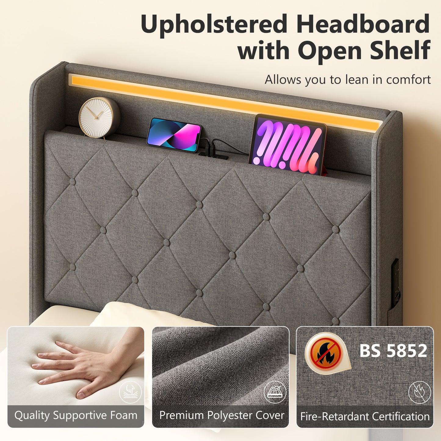 HOMCOM 3ft Single Bed Frame With Headboard And Hydraulic Storage RGB LED Lights And Charging Station Grey