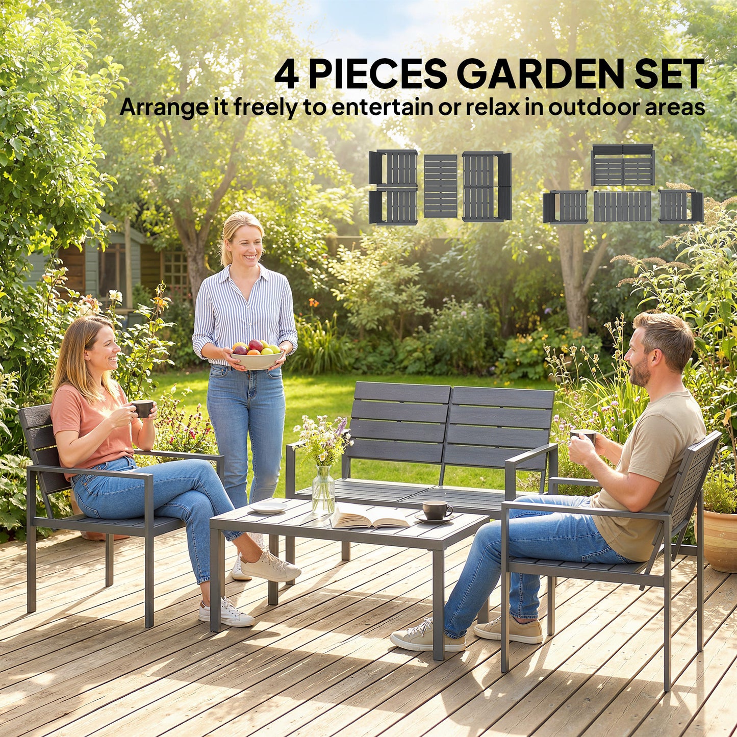 Outsunny 4 Piece Outdoor Garden Furniture Set HDPE Slatted Loveseat Armchairs Coffee Table Metal Frame Dark Grey