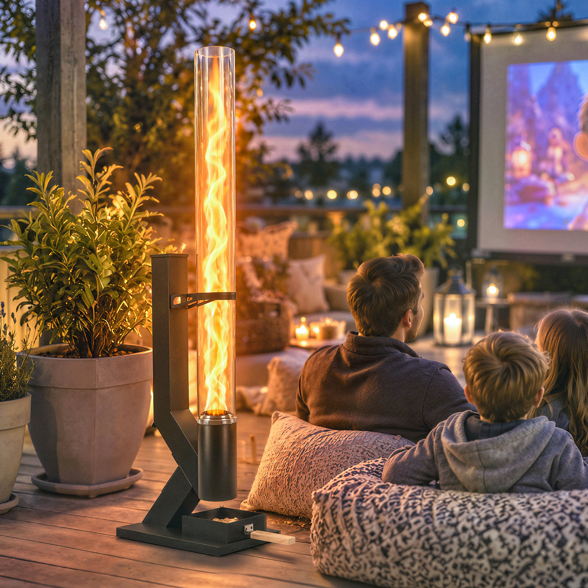 Black pellet patio heater with glass flame tube near a couch and potted plants
