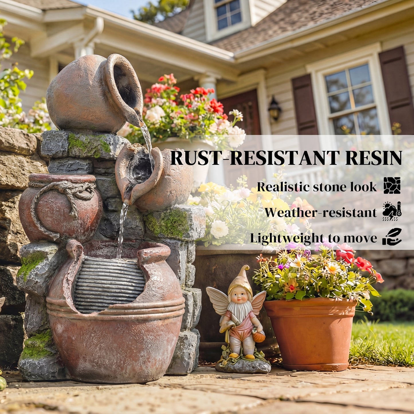 Outsunny 4-Tier Outdoor Fountain With Planter And LED Lights In Rustic Brown Garden Decor