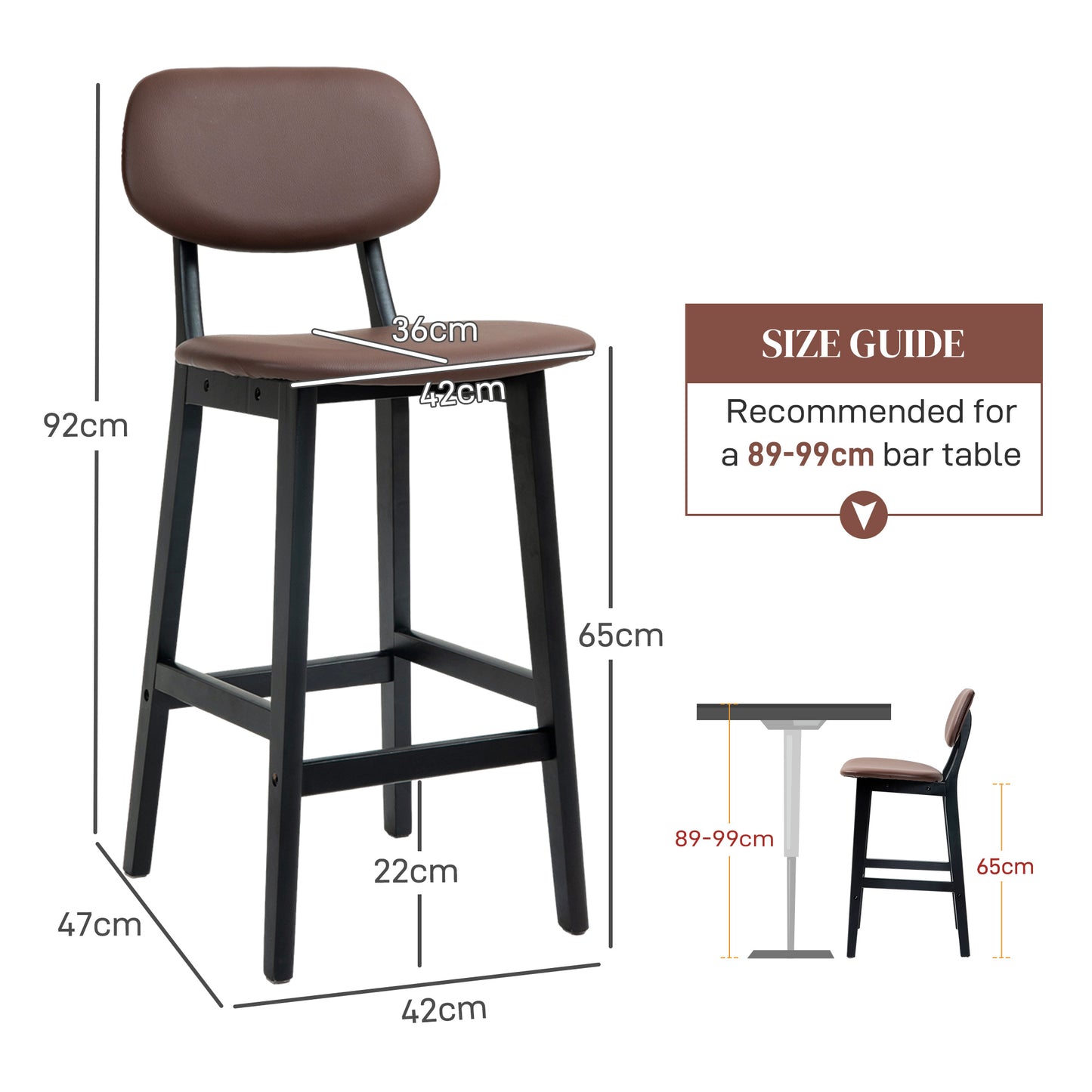 HOMCOM Set of 2 Modern Faux Leather Bar Stools with Wooden Legs and Back Support, Brown - ALL4U RETAILER LTD