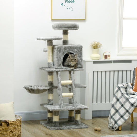 PawHut 132cm Grey Multi-Tier Cat Tree with Scratching Post, Hammock, and Playhouse - ALL4U RETAILER LTD